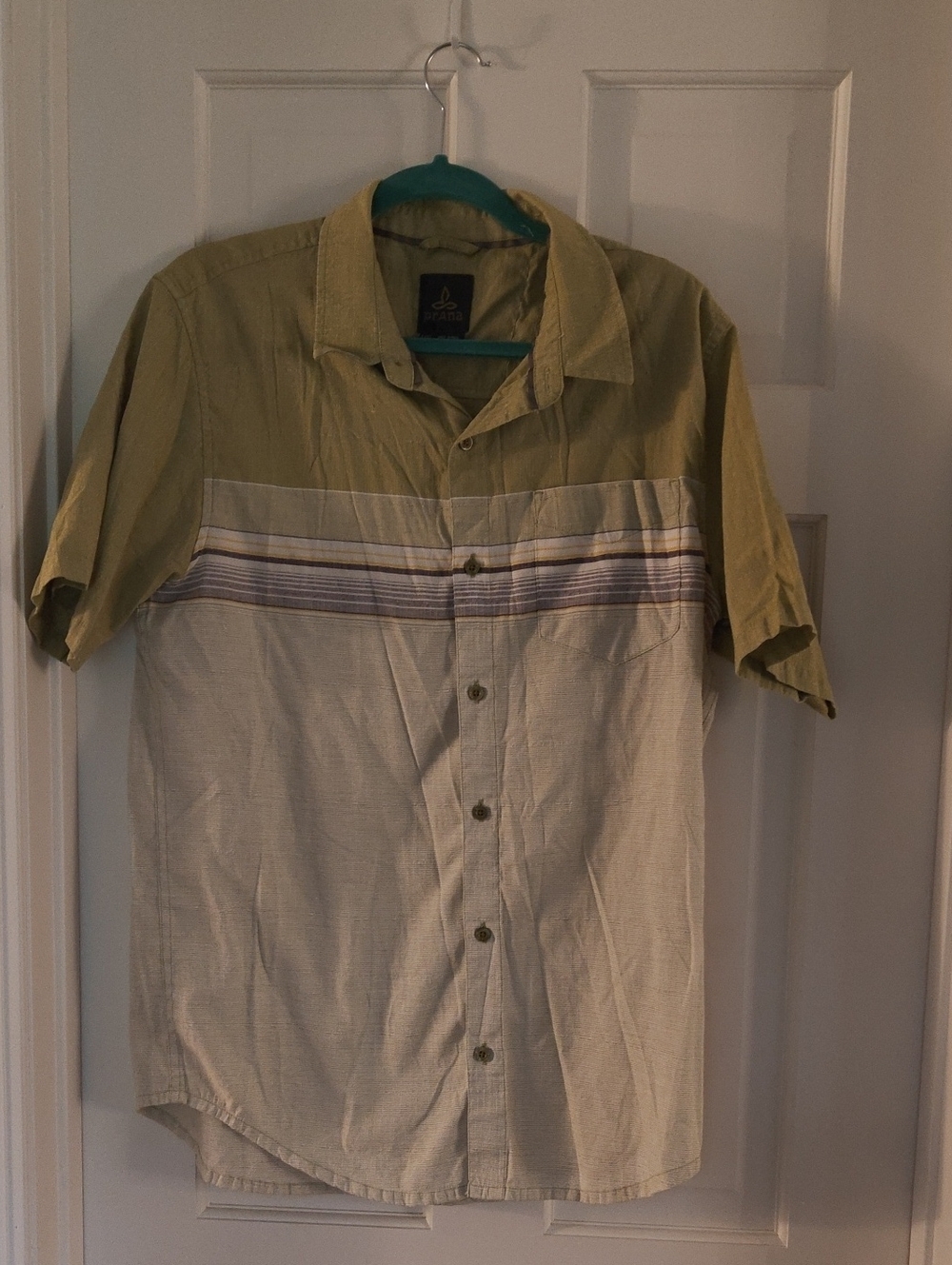 Prana Two-Tone Short Sleeve Button-Down Shirt - Olive & Cream Size L